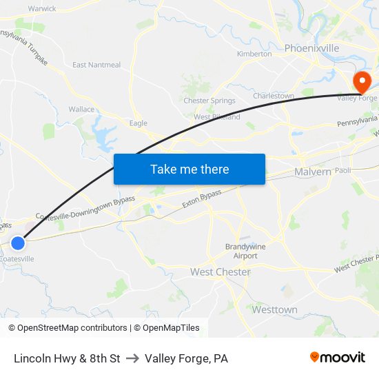 Lincoln Hwy & 8th St to Valley Forge, PA map