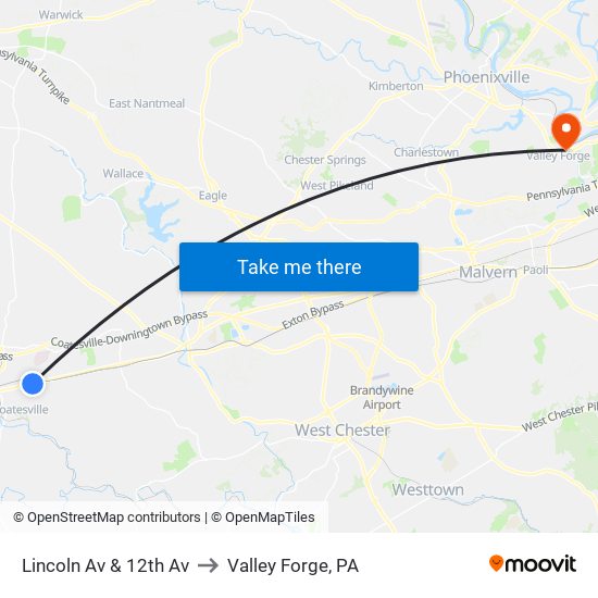 Lincoln Av & 12th Av to Valley Forge, PA map