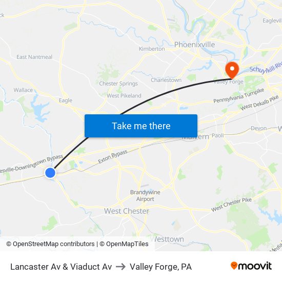 Lancaster Av & Viaduct Av to Valley Forge, PA map