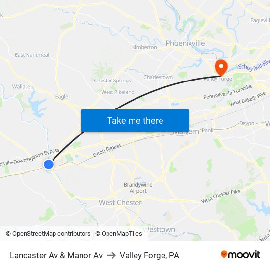 Lancaster Av & Manor Av to Valley Forge, PA map