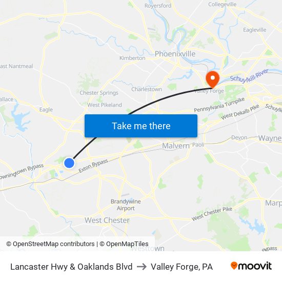 Lancaster Hwy & Oaklands Blvd to Valley Forge, PA map