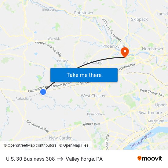 U.S. 30 Business 308 to Valley Forge, PA map