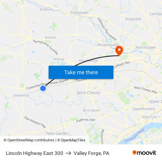 Lincoln Highway East 300 to Valley Forge, PA map