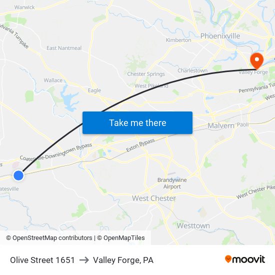 Olive Street 1651 to Valley Forge, PA map