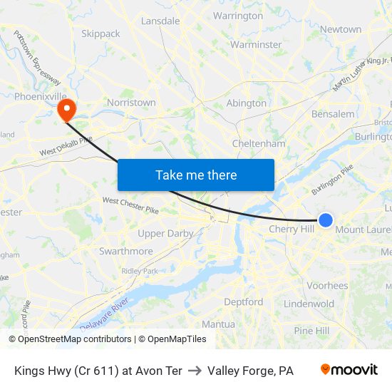 Kings Hwy (Cr 611) at Avon Ter to Valley Forge, PA map