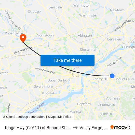 Kings Hwy (Cr 611) at Beacon Street to Valley Forge, PA map