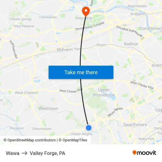 Wawa to Valley Forge, PA map