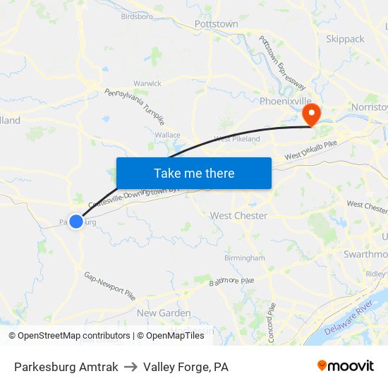 Parkesburg Amtrak to Valley Forge, PA map