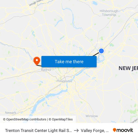 Trenton Transit Center Light Rail Sta to Valley Forge, PA map