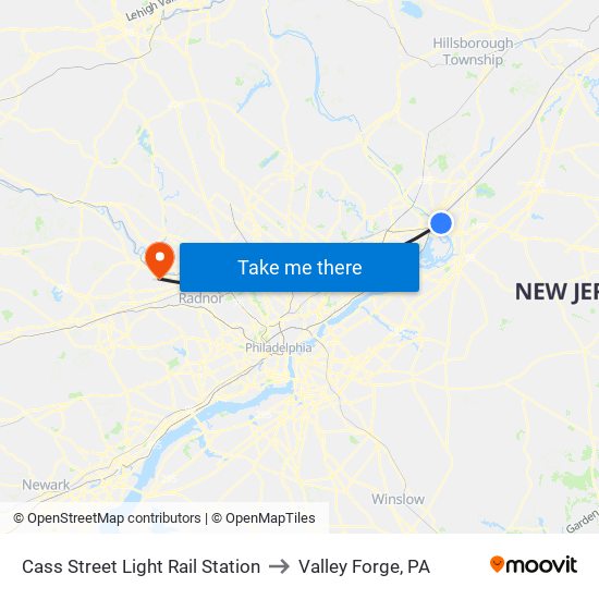 Cass Street Light Rail Station to Valley Forge, PA map