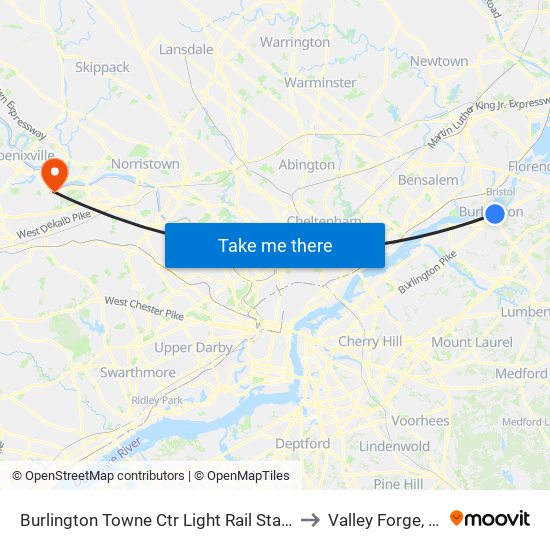 Burlington Towne Ctr Light Rail Station to Valley Forge, PA map