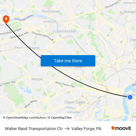 Walter Rand Transportation Ctr to Valley Forge, PA map