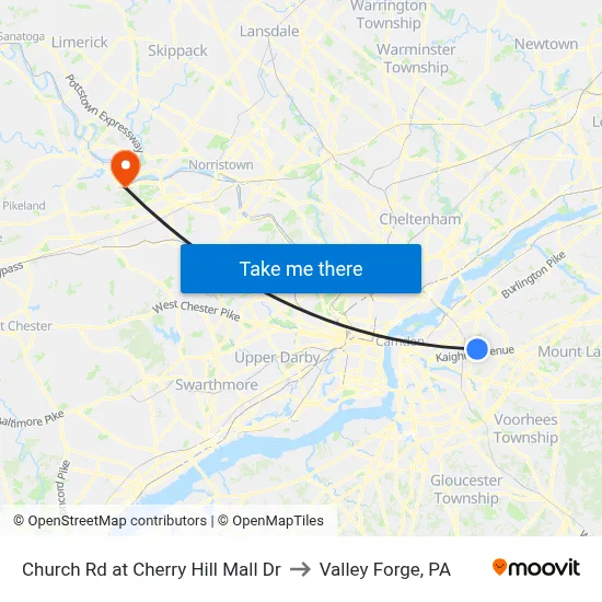 Church Rd at Cherry Hill Mall Dr to Valley Forge, PA map