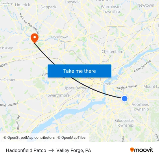 Haddonfield Patco to Valley Forge, PA map