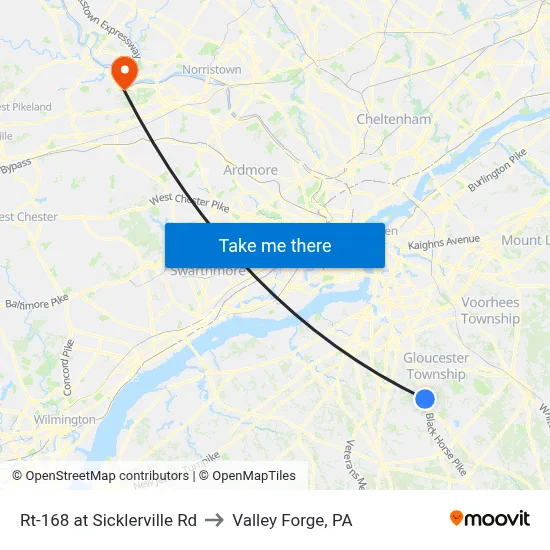 Rt-168 at Sicklerville Rd to Valley Forge, PA map