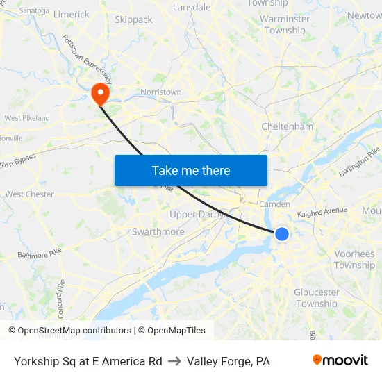 Yorkship Sq at E America Rd to Valley Forge, PA map