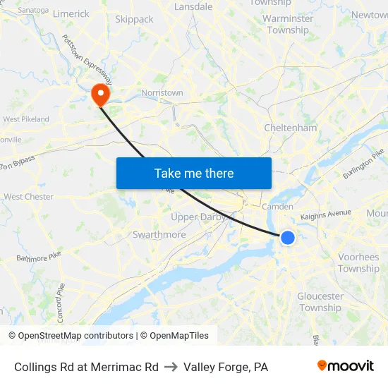 Collings Rd at Merrimac Rd to Valley Forge, PA map
