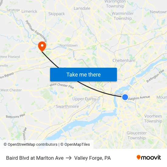 Baird Blvd at Marlton Ave to Valley Forge, PA map