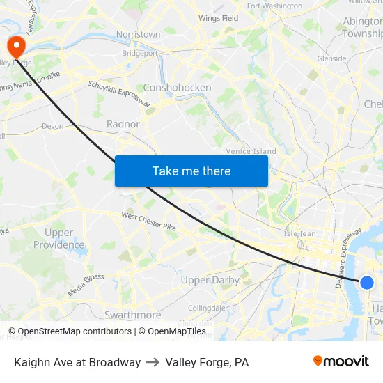Kaighn Ave at Broadway to Valley Forge, PA map