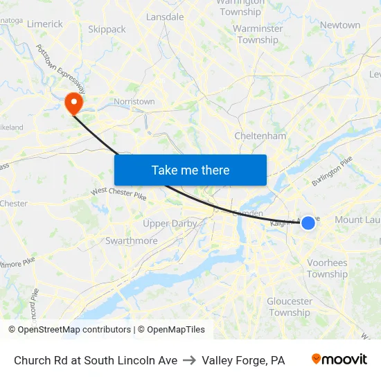 Church Rd at South Lincoln Ave to Valley Forge, PA map