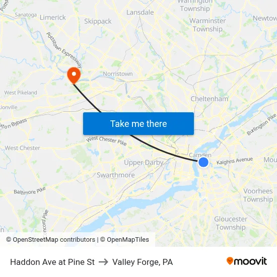 Haddon Ave at Pine St to Valley Forge, PA map