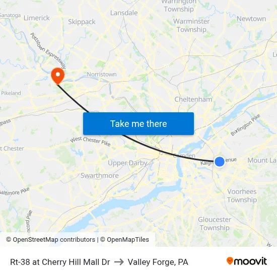 Rt-38 at Cherry Hill Mall Dr to Valley Forge, PA map