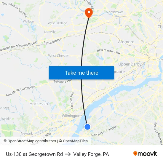 Us-130 at Georgetown Rd to Valley Forge, PA map