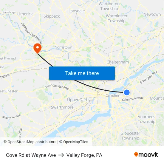 Cove Rd at Wayne Ave to Valley Forge, PA map