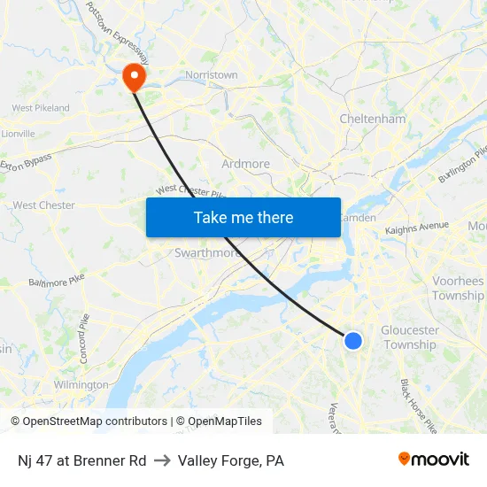 Nj 47 at Brenner Rd to Valley Forge, PA map