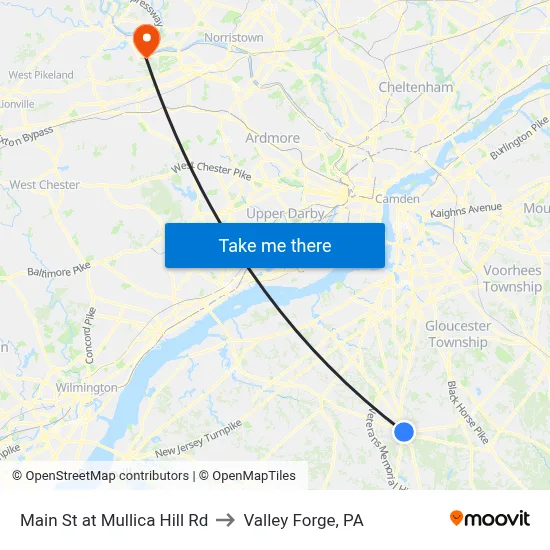 Main St at Mullica Hill Rd to Valley Forge, PA map
