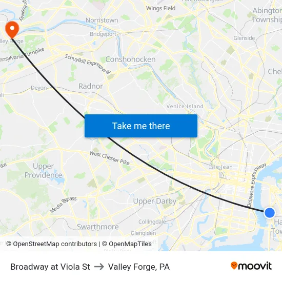 Broadway at Viola St to Valley Forge, PA map