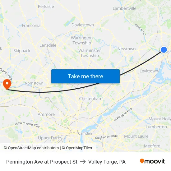 Pennington Ave at Prospect St to Valley Forge, PA map