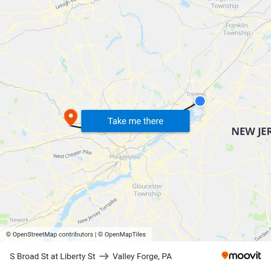 S Broad St at Liberty St to Valley Forge, PA map