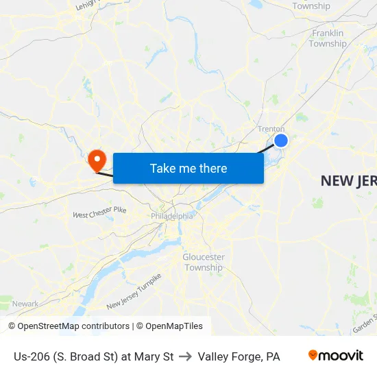 Us-206 (S. Broad St) at Mary St to Valley Forge, PA map