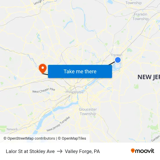 Lalor St at Stokley Ave to Valley Forge, PA map