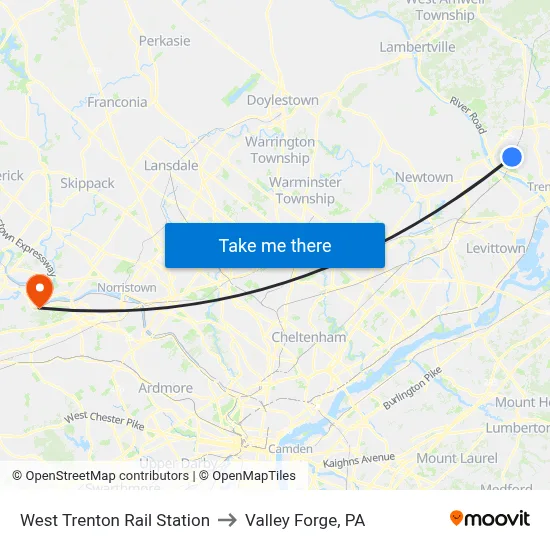 West Trenton Rail Station to Valley Forge, PA map