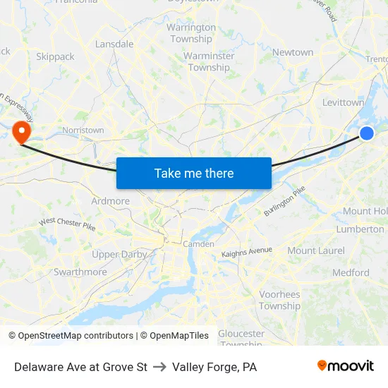 Delaware Ave at Grove St to Valley Forge, PA map