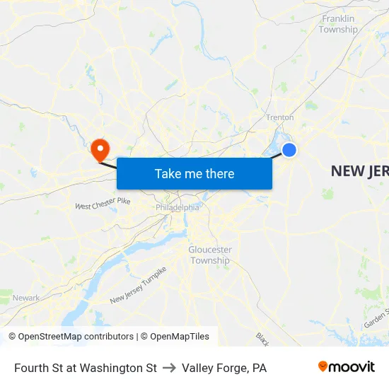 Fourth St at Washington St to Valley Forge, PA map