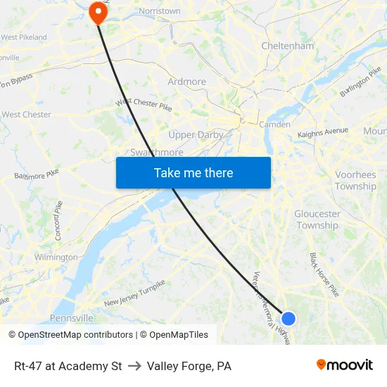 Rt-47 at Academy St to Valley Forge, PA map