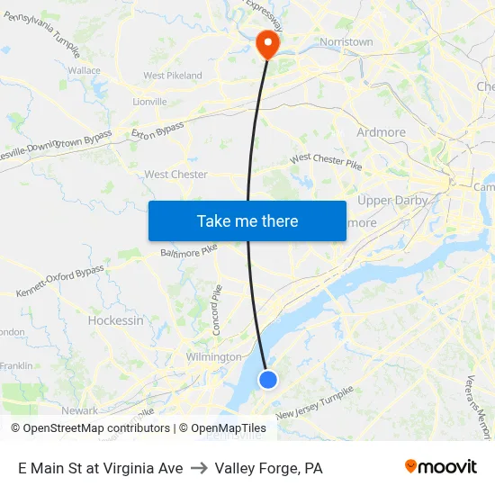 E Main St at Virginia Ave to Valley Forge, PA map
