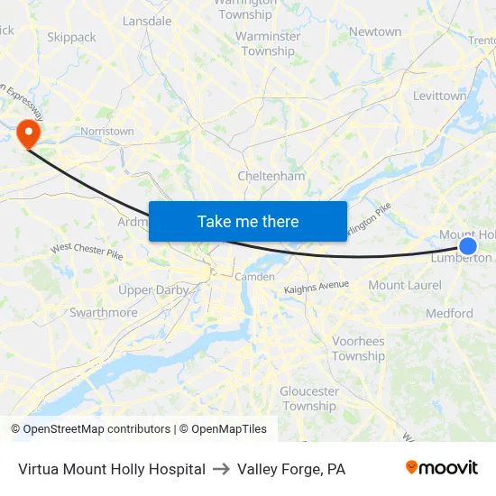 Virtua Mount Holly Hospital to Valley Forge, PA map