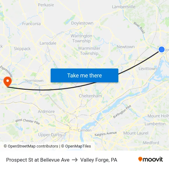 Prospect St at Bellevue Ave to Valley Forge, PA map
