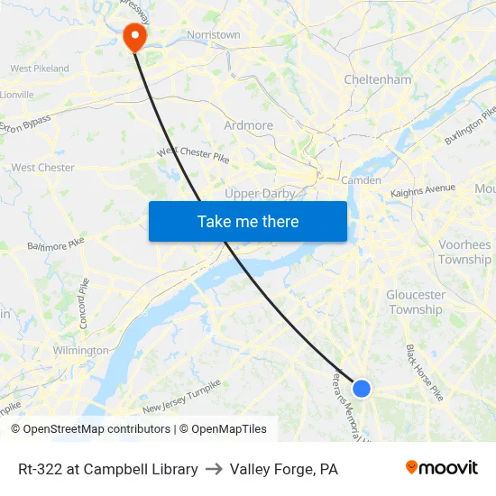 Rt-322 at Campbell Library to Valley Forge, PA map