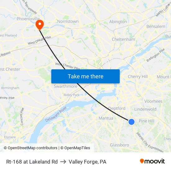 Rt-168 at Lakeland Rd to Valley Forge, PA map