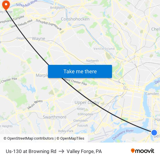 Us-130 at Browning Rd to Valley Forge, PA map