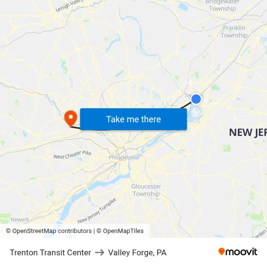 Trenton Transit Center to Valley Forge, PA map