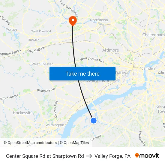 Center Square Rd at Sharptown Rd to Valley Forge, PA map