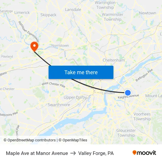 Maple Ave at Manor Avenue to Valley Forge, PA map