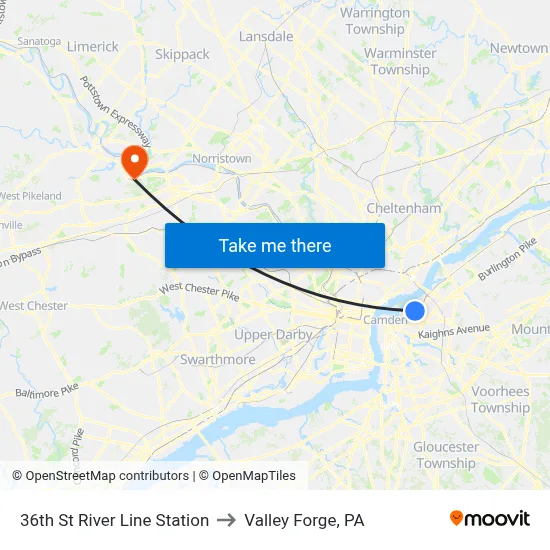 36th St River Line Station to Valley Forge, PA map