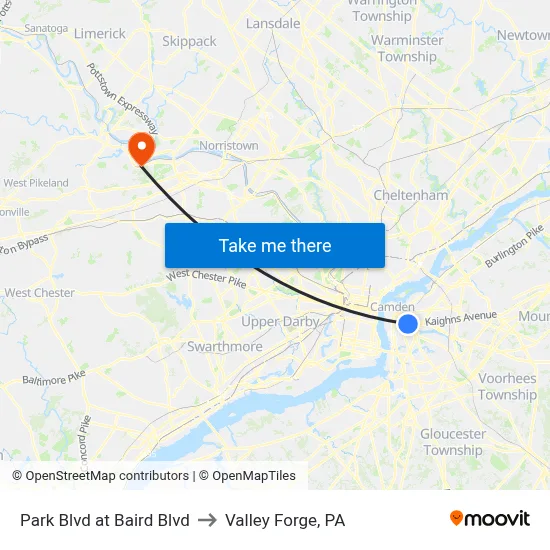 Park Blvd at Baird Blvd to Valley Forge, PA map